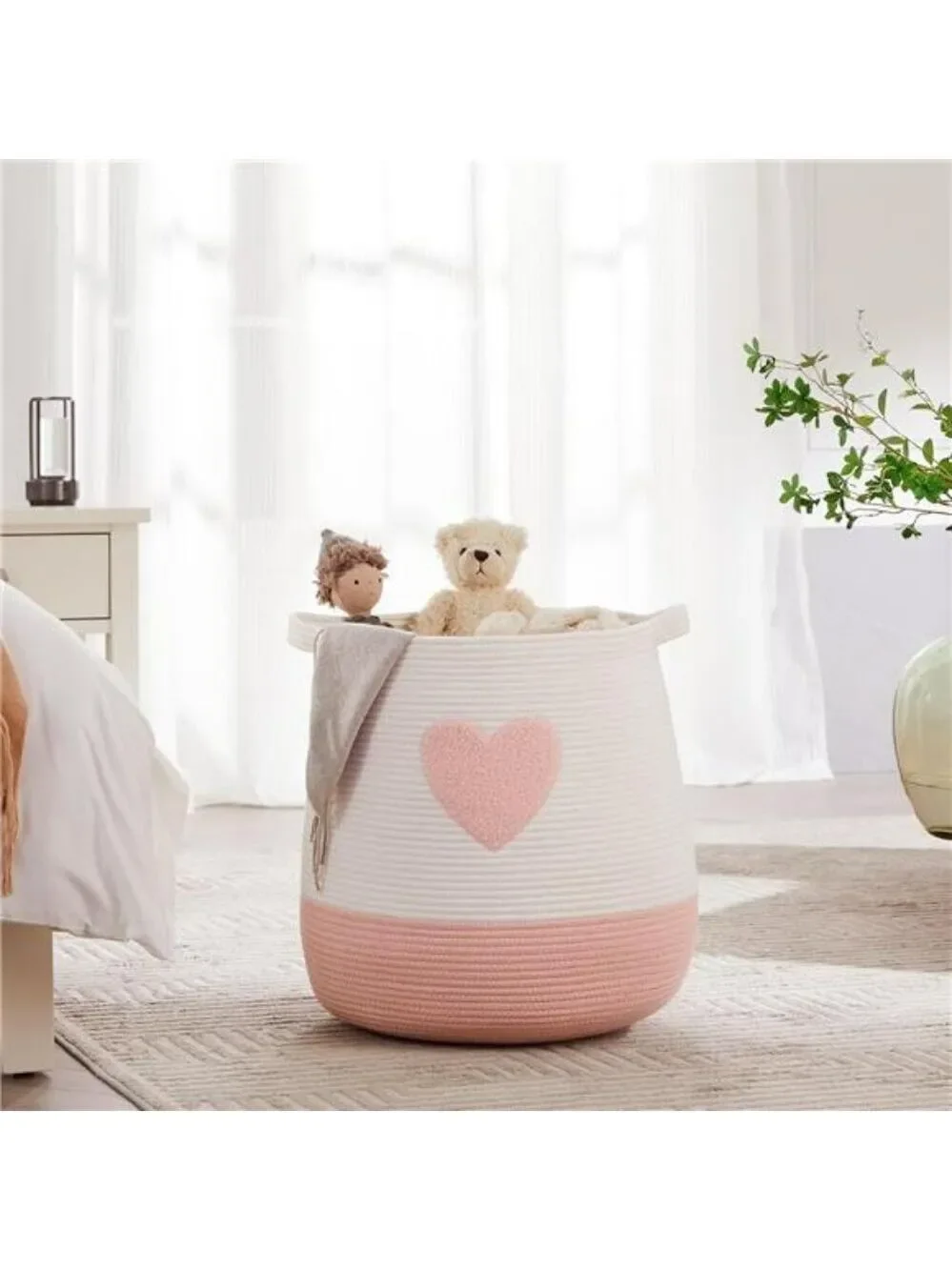 Large Pink Cotton Rope Laundry Basket Hamper Woven Storage Bin for Toys Blanket